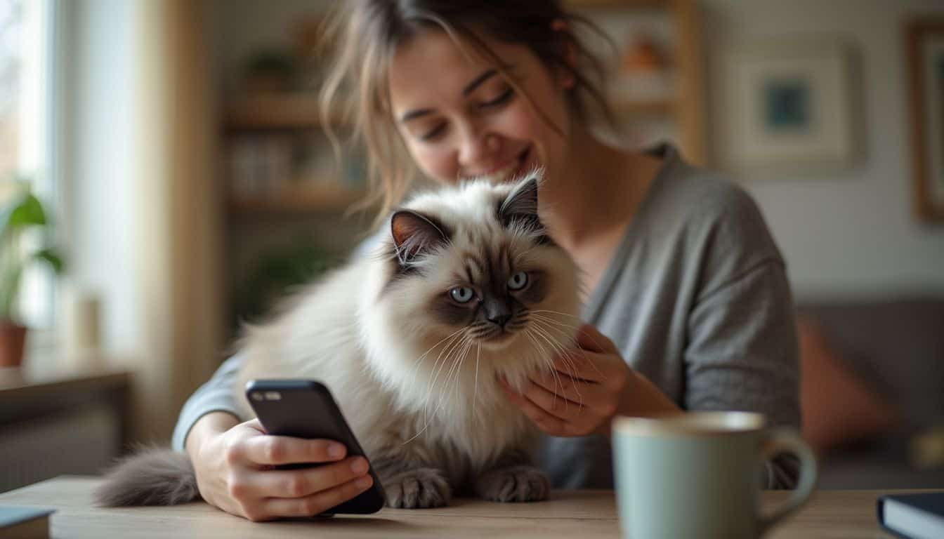 A woman casually brushes the fur of a Ragdoll kitten in a cozy, cluttered living room.