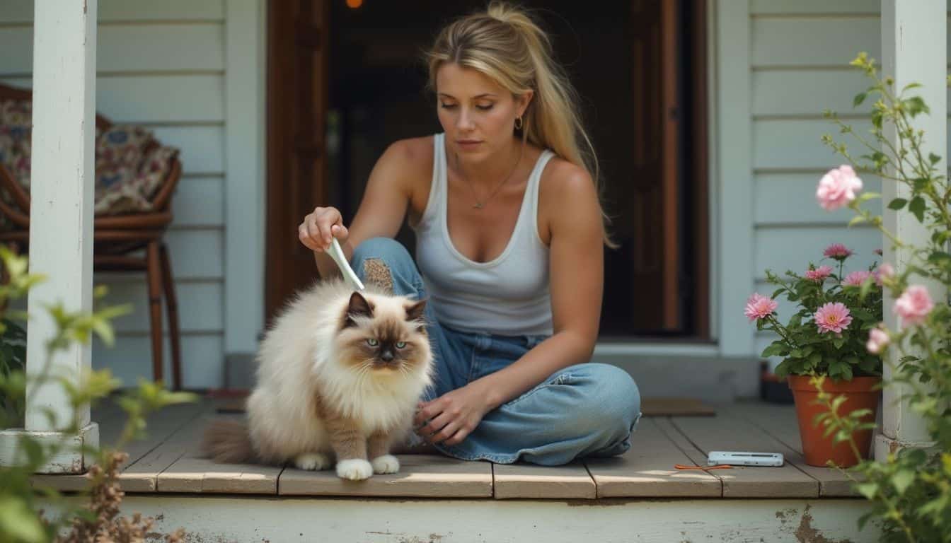 A woman casually brushes her fluffy Ragdoll kitten on a slightly worn porch surrounded by blooming flowers.
