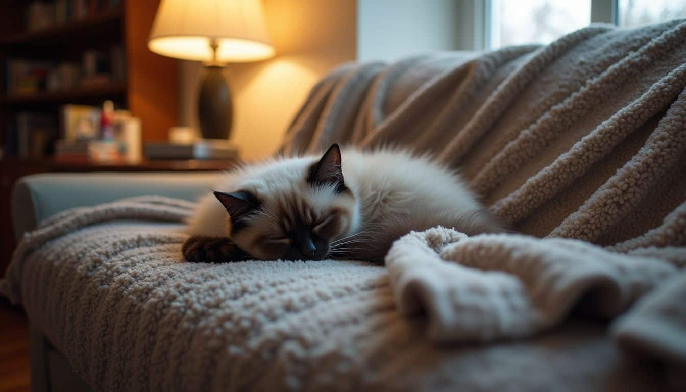 A fluffy Ragdoll kitten naps on a cozy couch draped with a blanket in a lived-in living room.