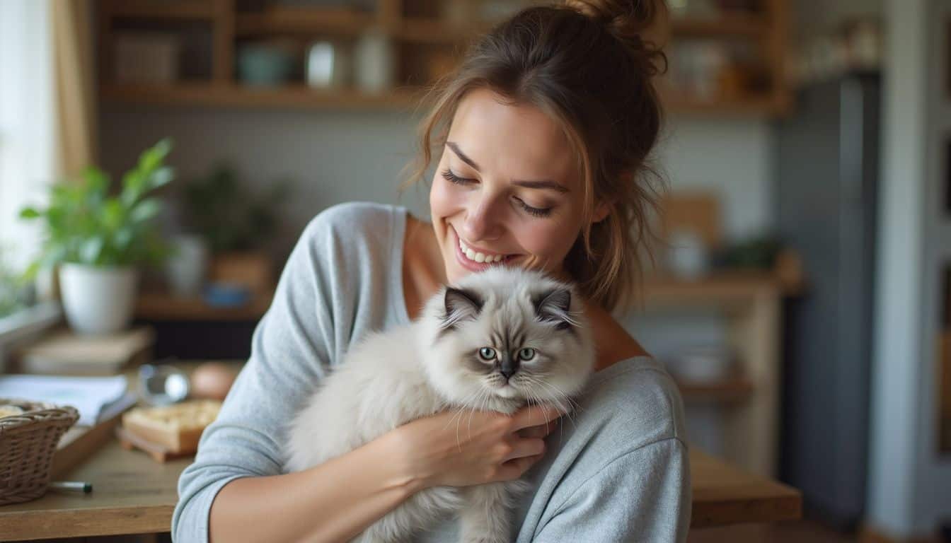 A woman holds a Ragdoll kitten near a genetic testing kit, emphasizing the importance of health screening for pets.