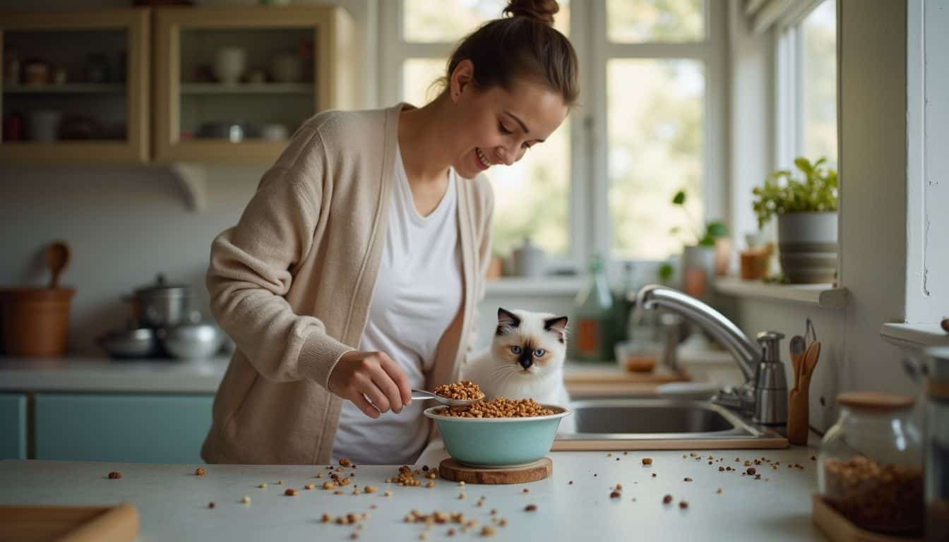 A woman in her 30s casually prepares food for her Ragdoll kitten in a cozy kitchen.