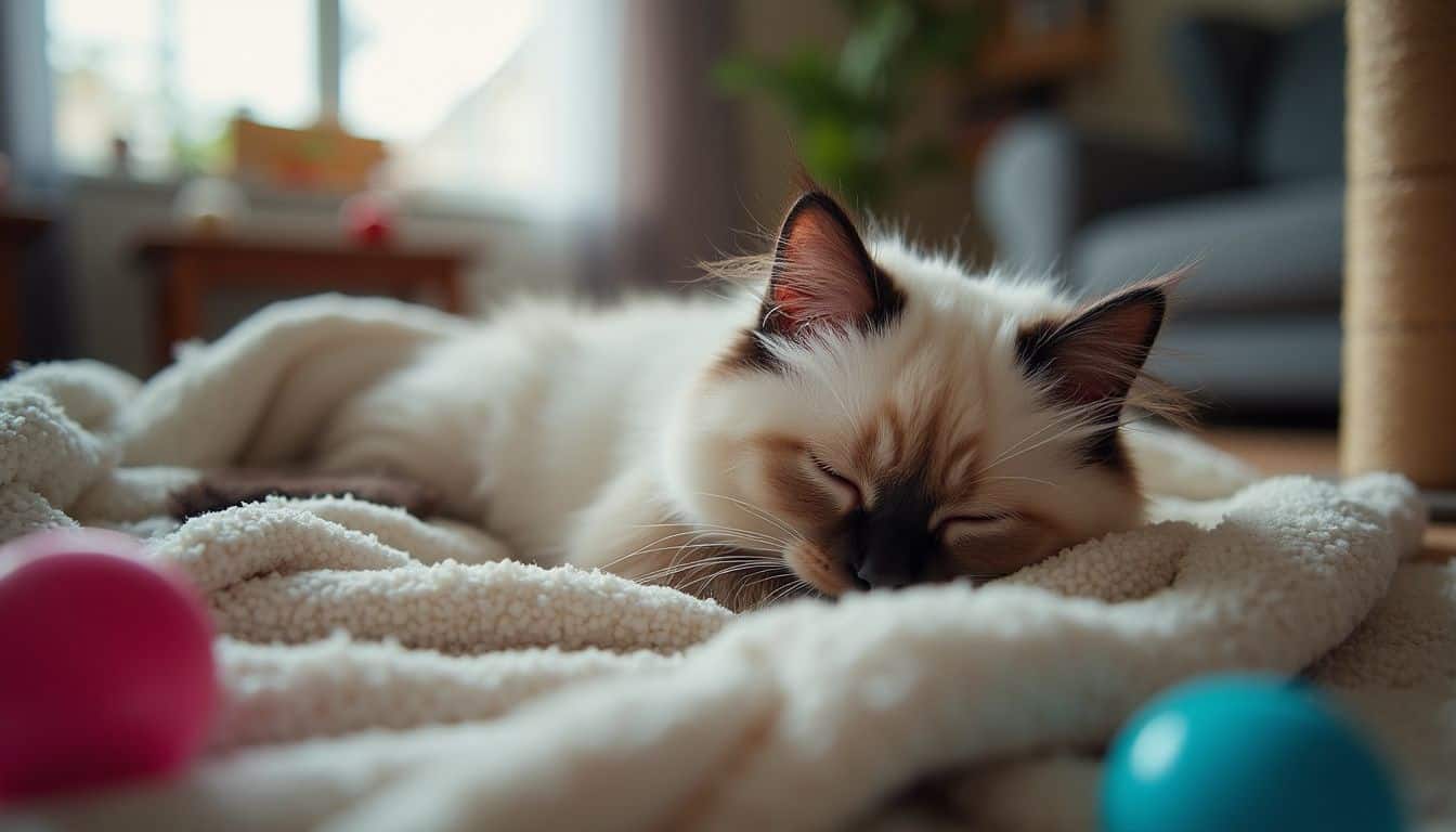 A fluffy Ragdoll kitten sleeps peacefully on a rumpled blanket in a cozy, lived-in living room.