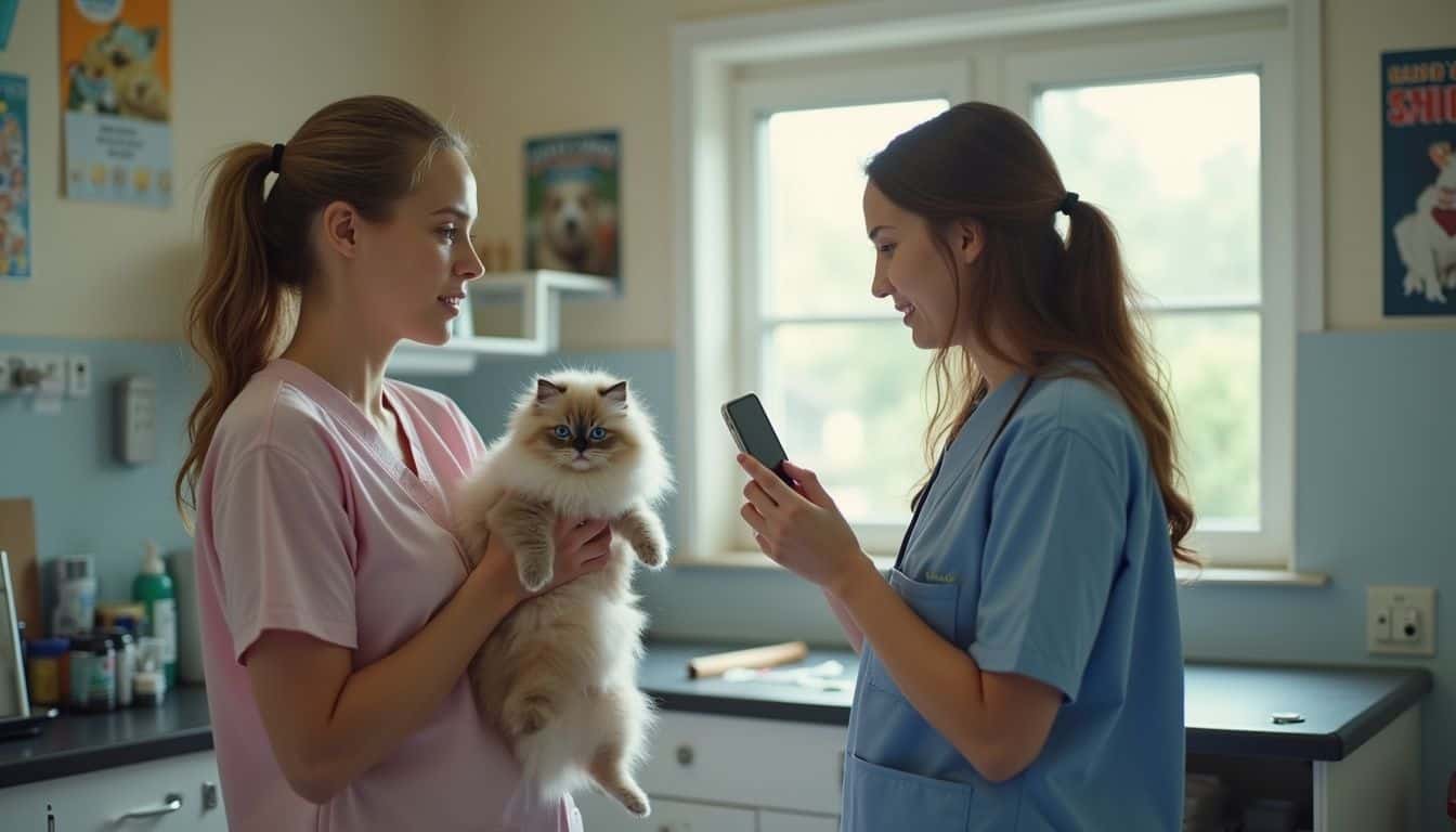 A woman casually holds a Ragdoll kitten during a routine vet visit, engaging in friendly conversation with the vet.