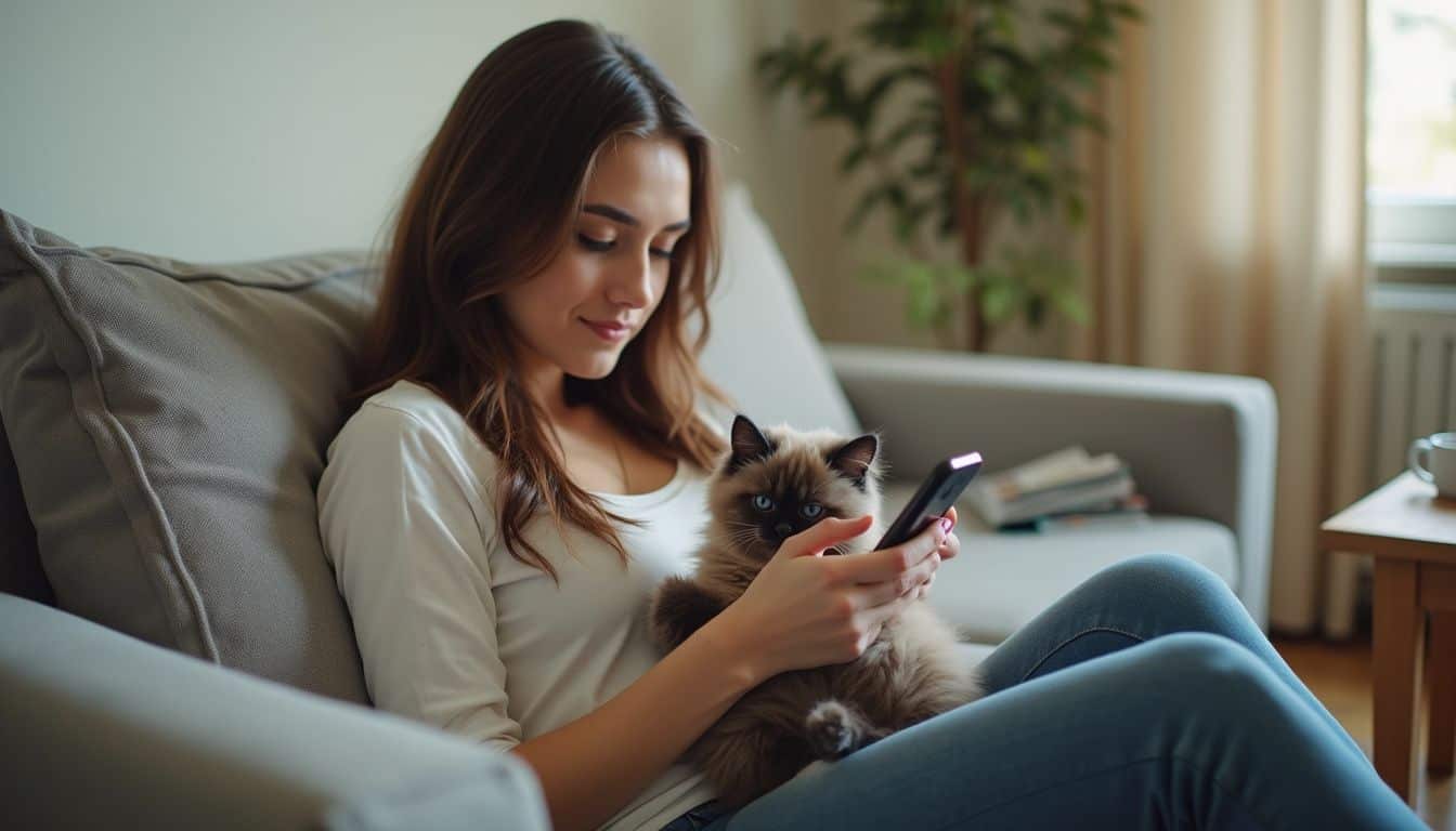 A woman relaxes on a sofa, holding a Ragdoll kitten while browsing indoor cat diet information on her phone.