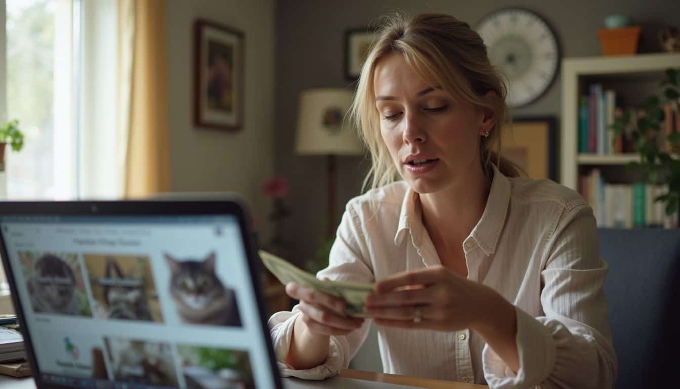 A woman in her late 30s looks surprised while counting dollar bills in her cluttered home office.