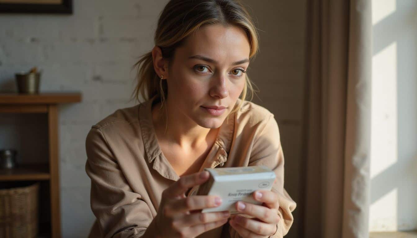 A woman inspects an unopened box of contact lenses with focused intensity and attention to detail. A woman inspects an unopened box of contact lenses with focused intensity and attention to detail.