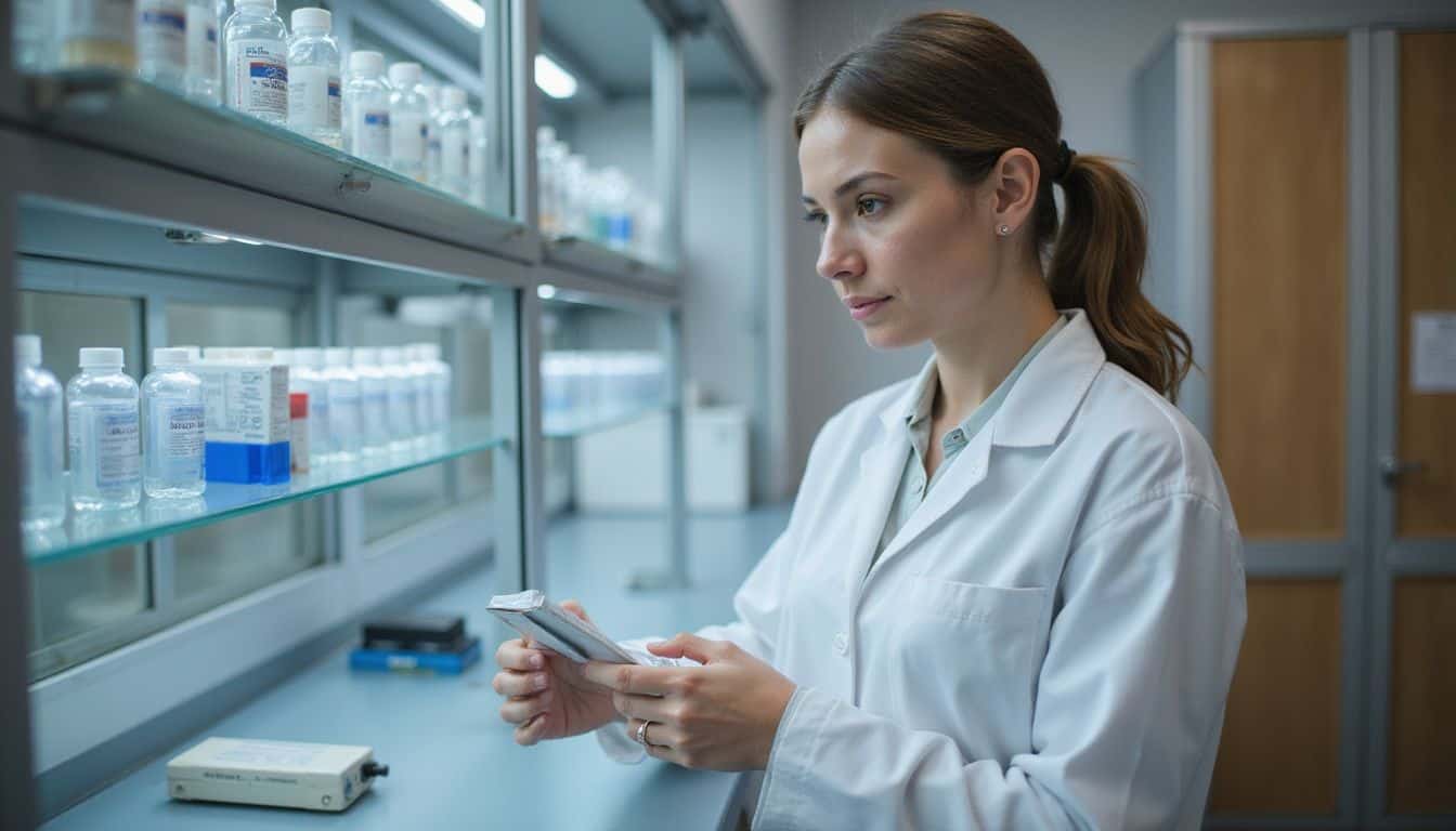 A woman in a lab coat inspects a box for expiration dates in a clinical optometry lab. A woman in a lab coat inspects a box for expiration dates in a clinical optometry lab.