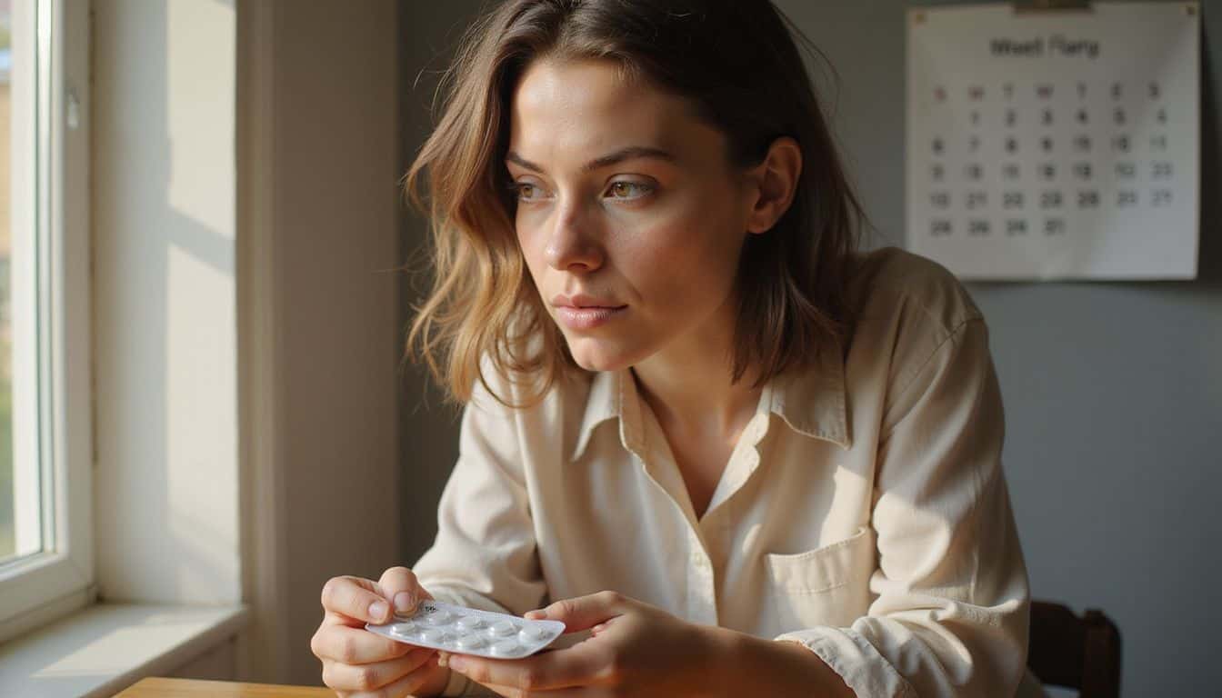 A young woman concentrates on a small blister pack of contact lenses in a cozy, modest room. A young woman concentrates on a small blister pack of contact lenses in a cozy, modest room.