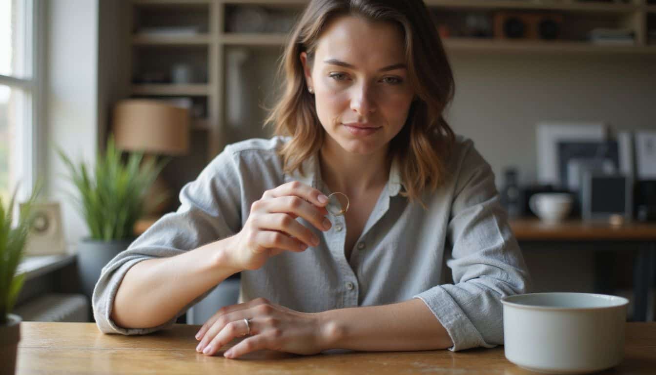 A woman in her 30s thoughtfully disposes of an expired contact lens in her home office. A woman in her 30s thoughtfully disposes of an expired contact lens in her home office.