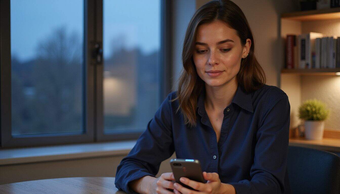 A woman in a navy blouse reads a contact lens case while seated at a modern home office desk. A woman in a navy blouse reads a contact lens case while seated at a modern home office desk.