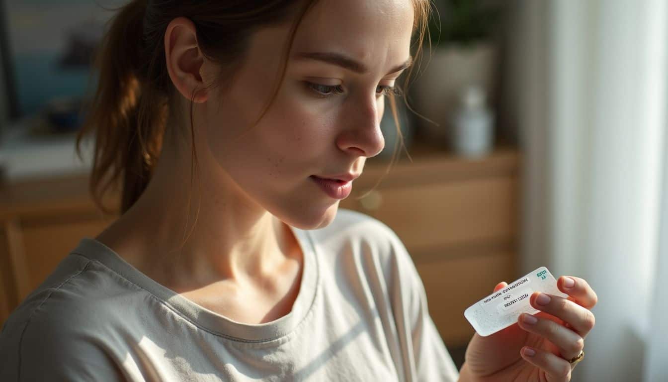 A woman in a t-shirt intently examines a contact lens package near a dresser with lens care products. A woman in a t-shirt intently examines a contact lens package near a dresser with lens care products.