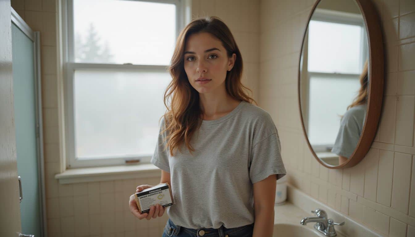 A woman in a bathroom holds a box of expired contact lenses, expressing quiet concern. A woman in a bathroom holds a box of expired contact lenses, expressing quiet concern.
