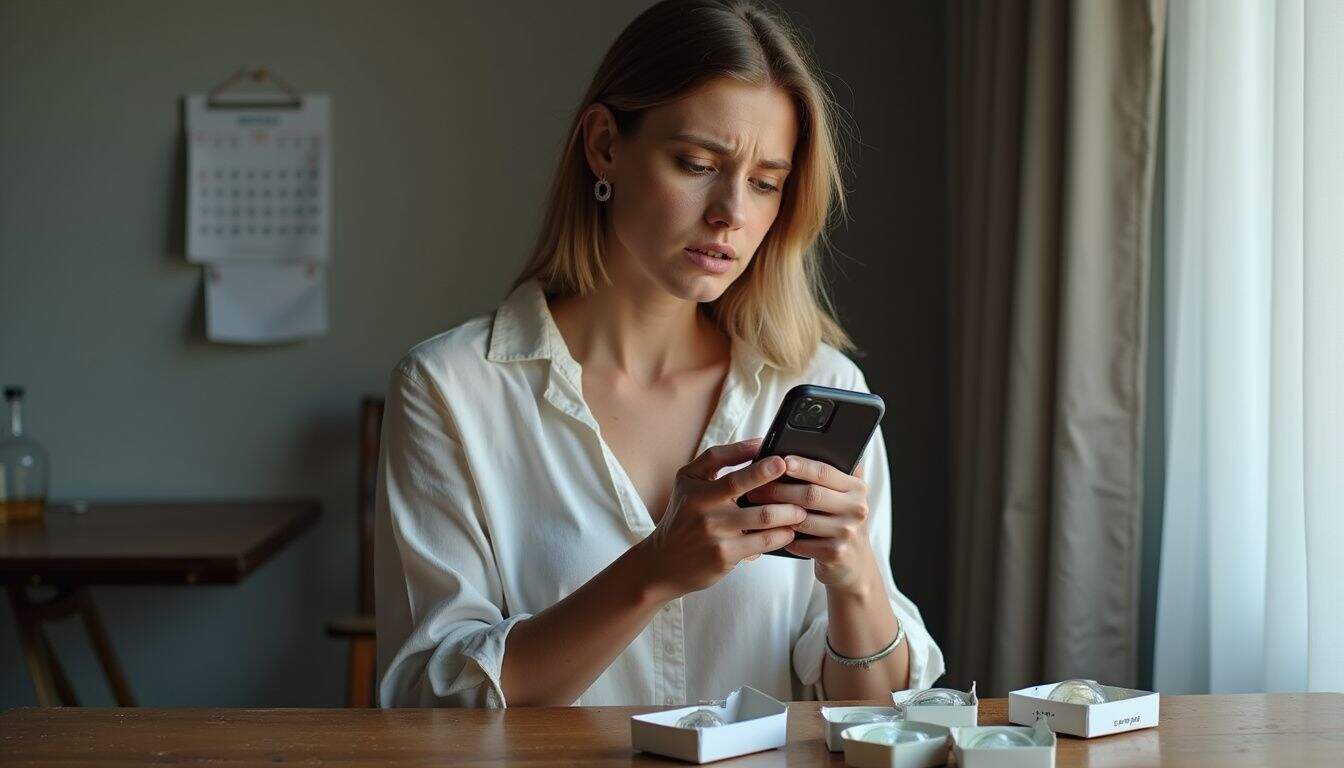 A worried woman examines her eye through a smartphone while surrounded by expired contact lens boxes and a passed calendar date. A worried woman examines her eye through a smartphone while surrounded by expired contact lens boxes and a passed calendar date.