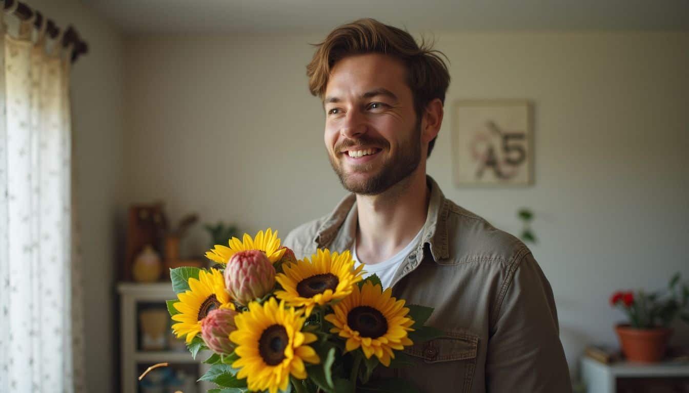 A casually dressed man holding a bouquet of sunflowers and proteas in a relaxed room.