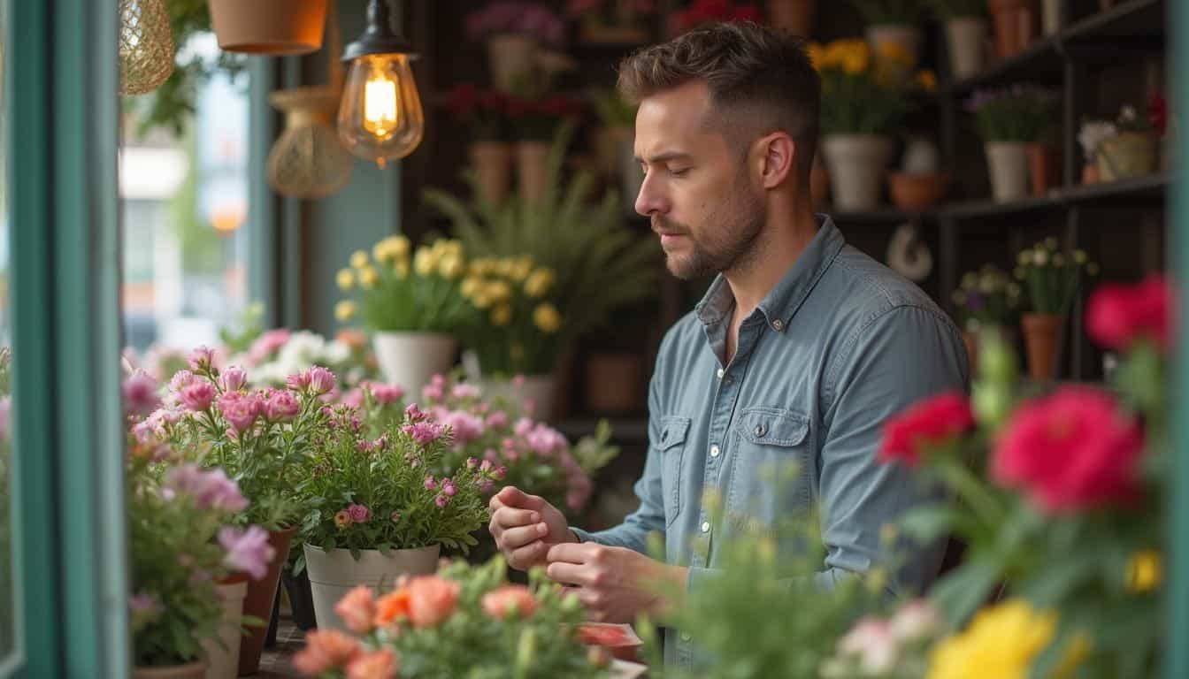 A man casually choosing flowers inside a charming, slightly cluttered flower shop.