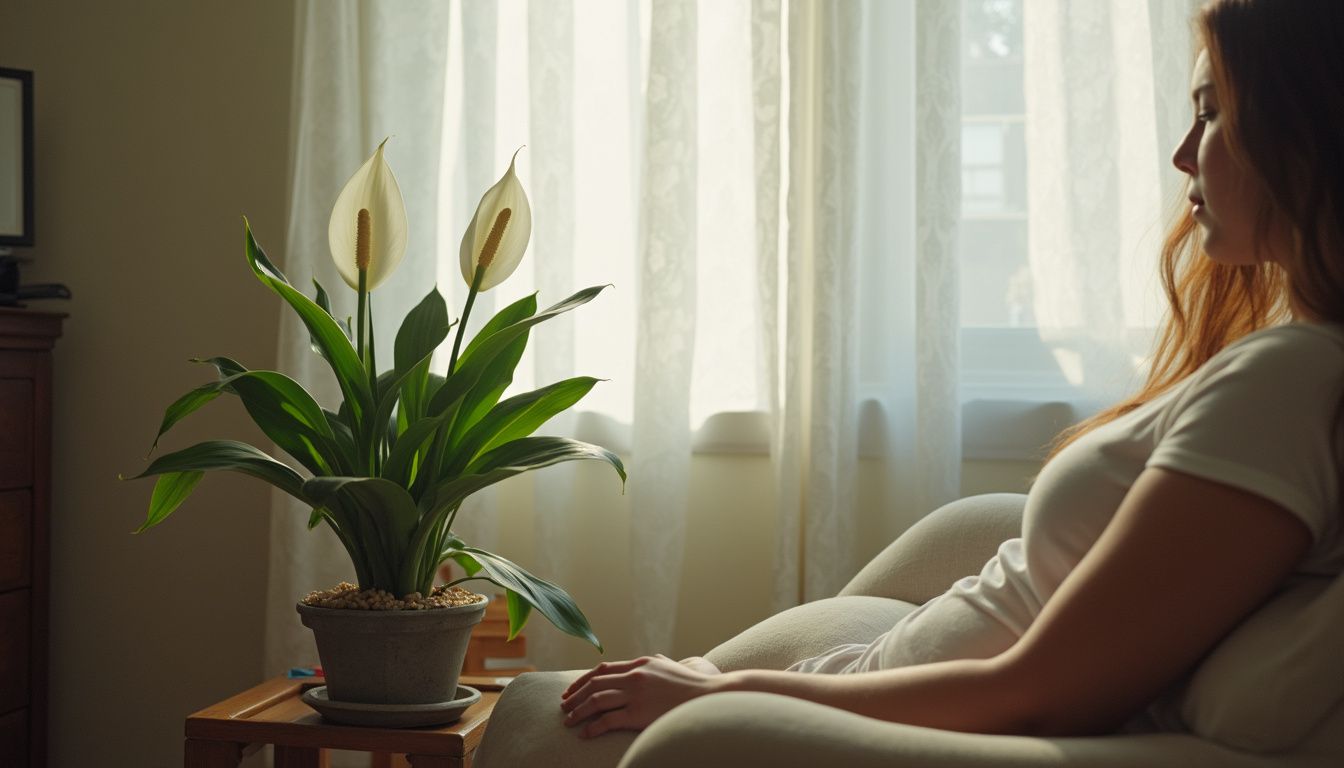 A peace lily on a side table in a cozy living room.