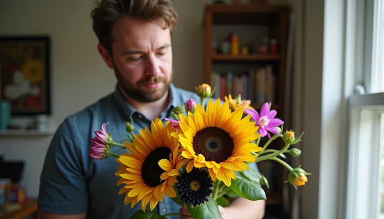 A casually dressed man holding a bright, slightly messy mixed bouquet.