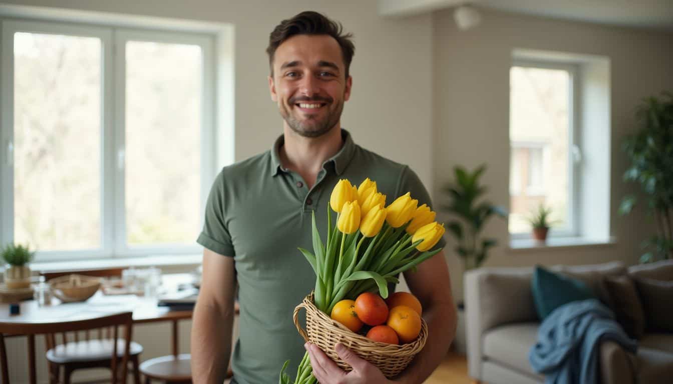 A smiling man holding yellow tulips and a fruit basket in a cozy room.