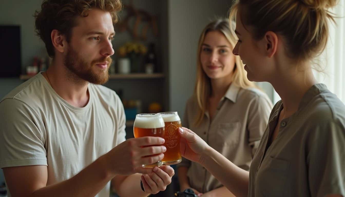 A man getting a beer bouquet from a friend during a relaxed hangout.