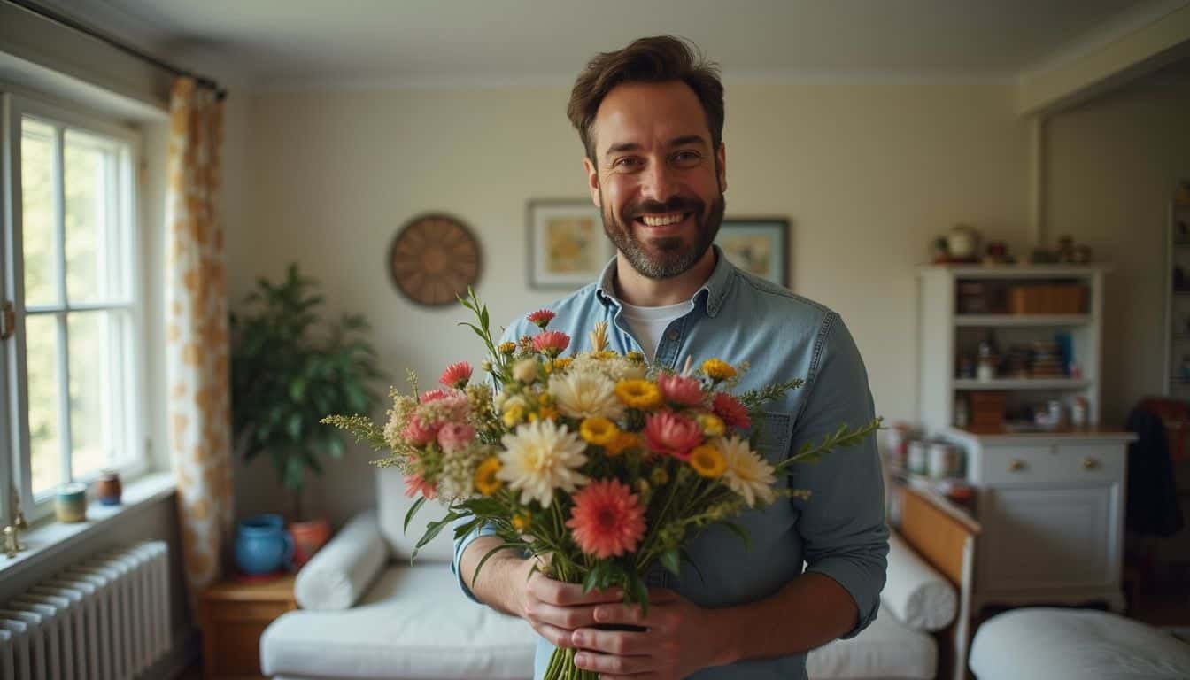 A smiling man holding a slightly wilted bouquet in a cozy room.