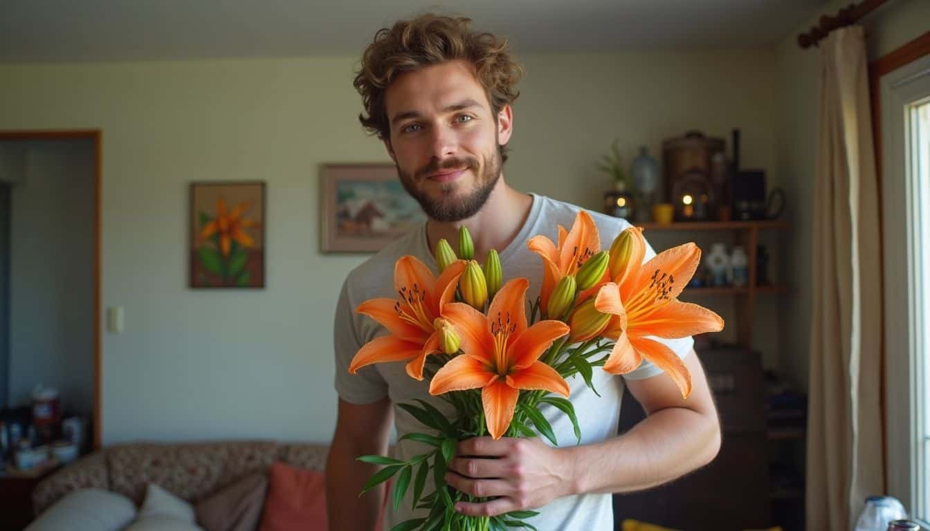 A man holding a bright lily bouquet in a casual living room.