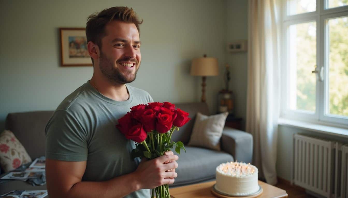 A man holding a bouquet of red roses during a cozy birthday at home.