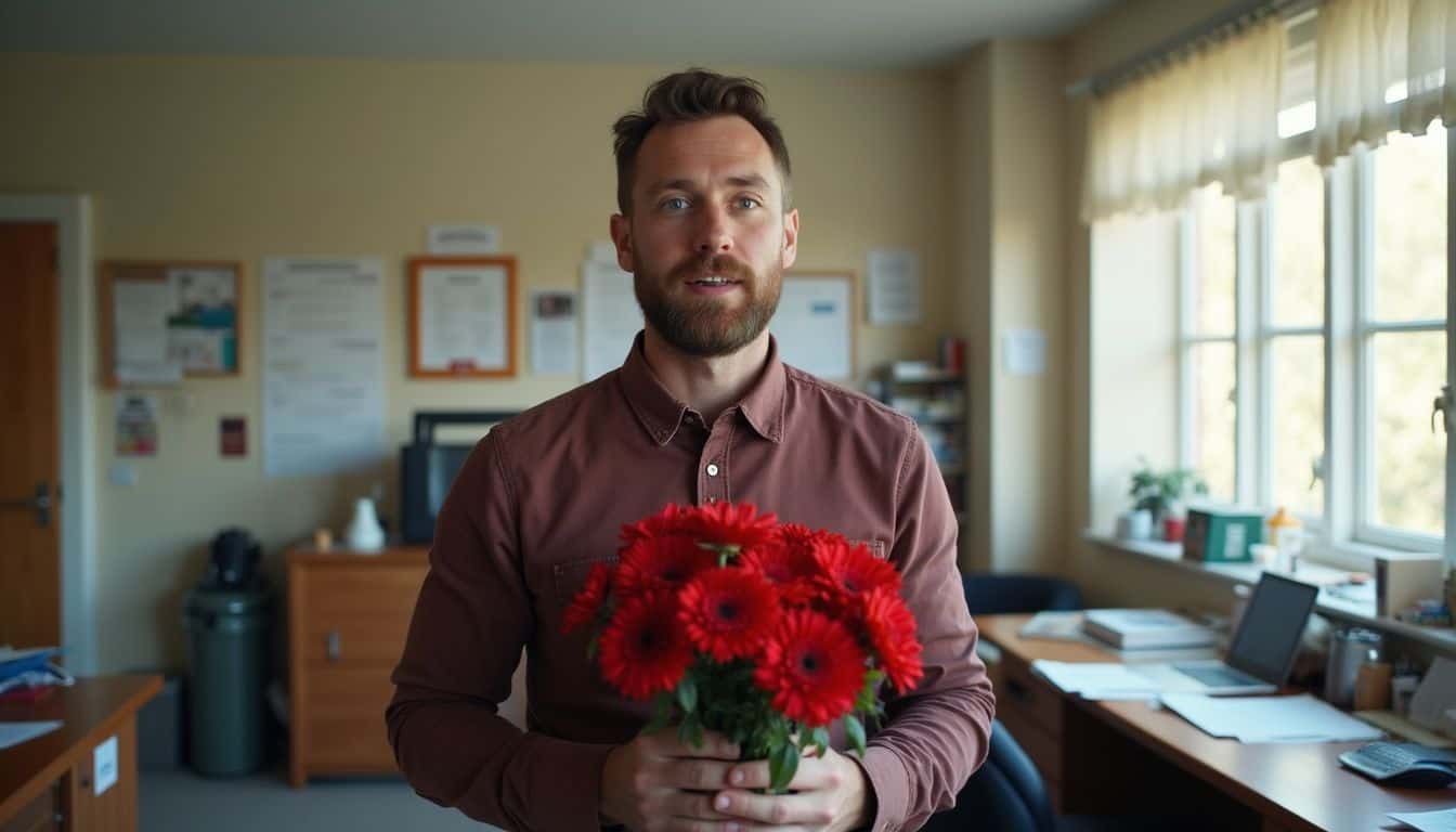 A surprised man holding a bouquet of red chrysanthemums in a casual office.