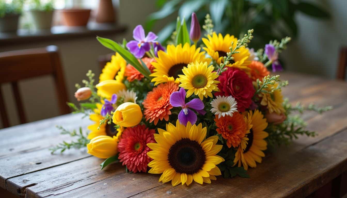 A casual, colorful flower mix on a worn wooden table.