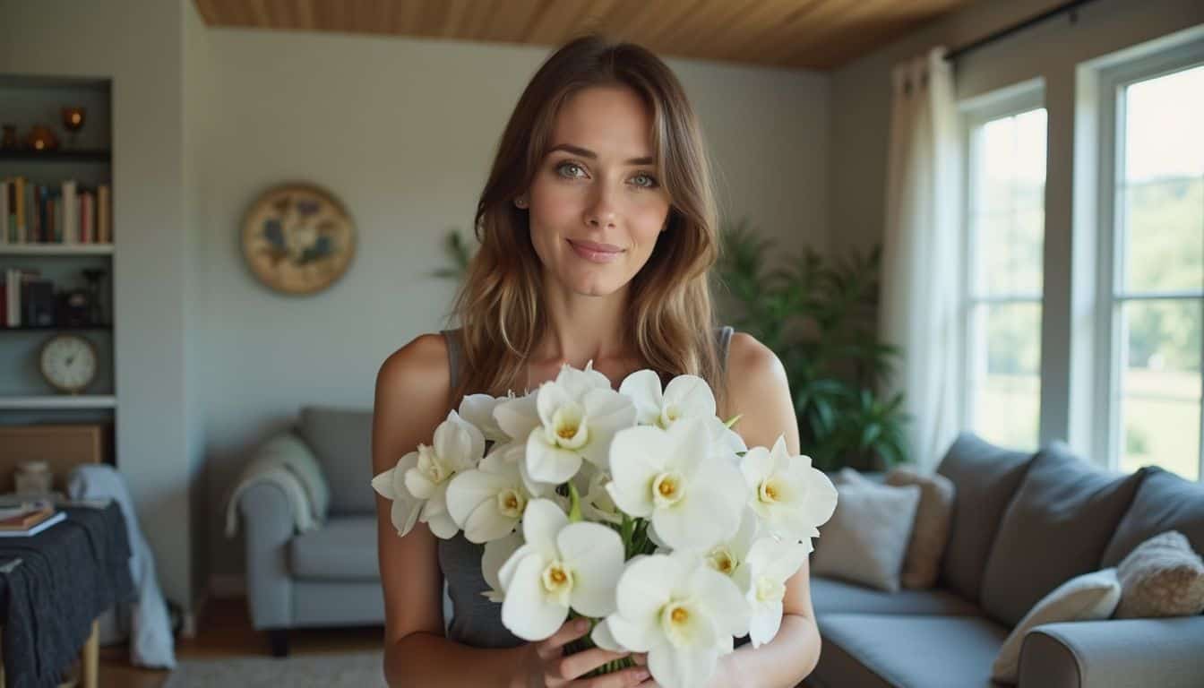 A woman holding a simple bouquet of white orchids in a lived-in room.