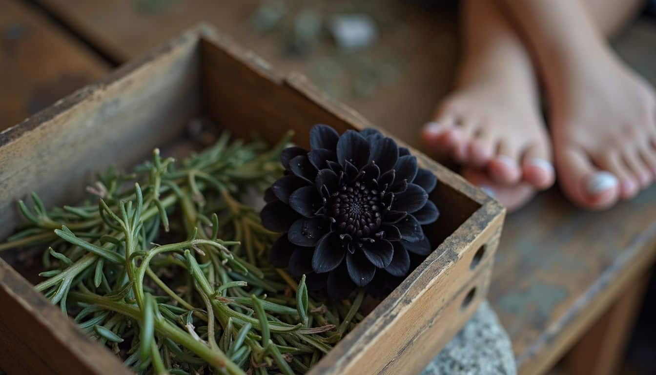 A dark dahlia boutonniere beside a rustic box of herbs, casual and stylish.