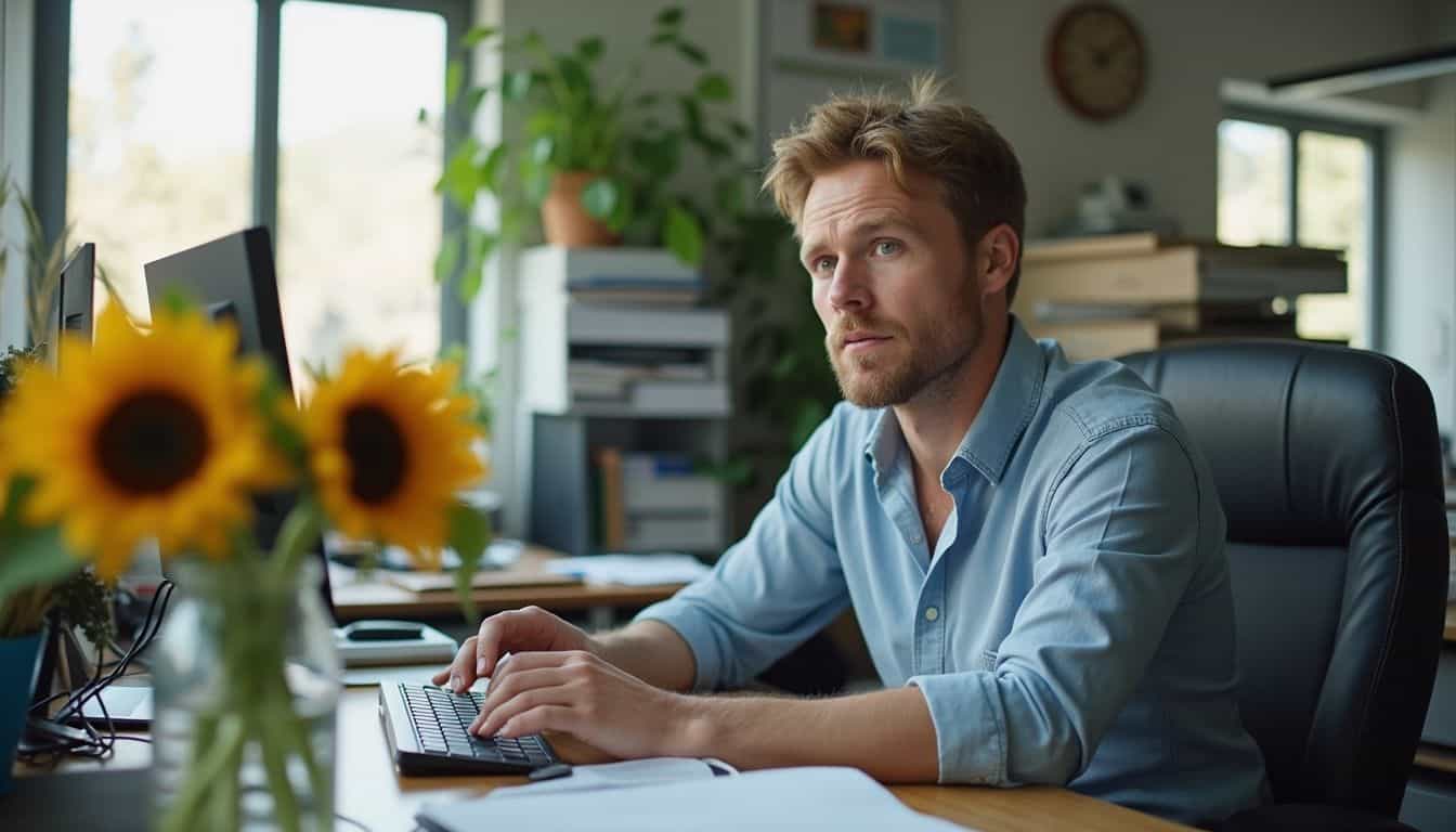 A casually dressed man working at a desk with a vase of sunflowers nearby.
