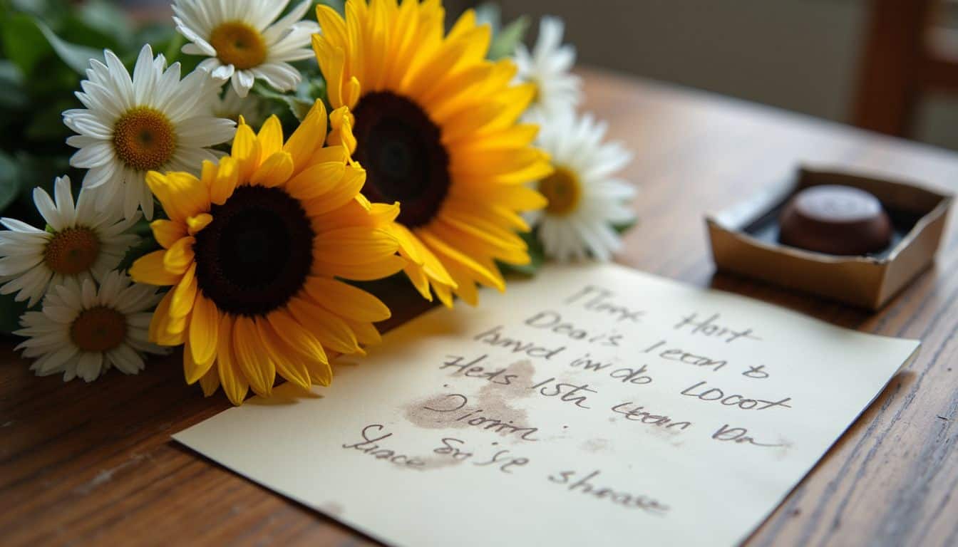A sweet mix of daisies and sunflowers with a note and chocolates.