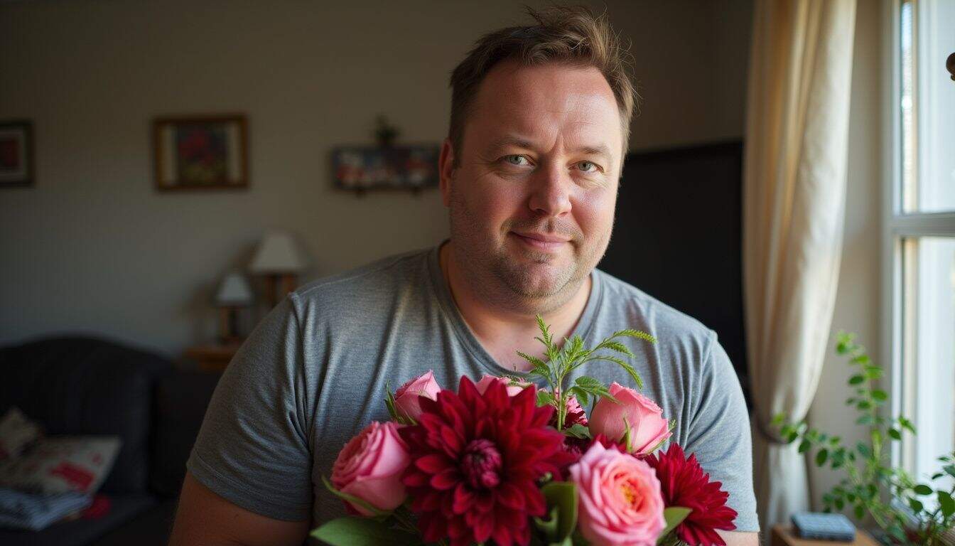A man holding red and pink roses with deep red dahlias in a relaxed home.