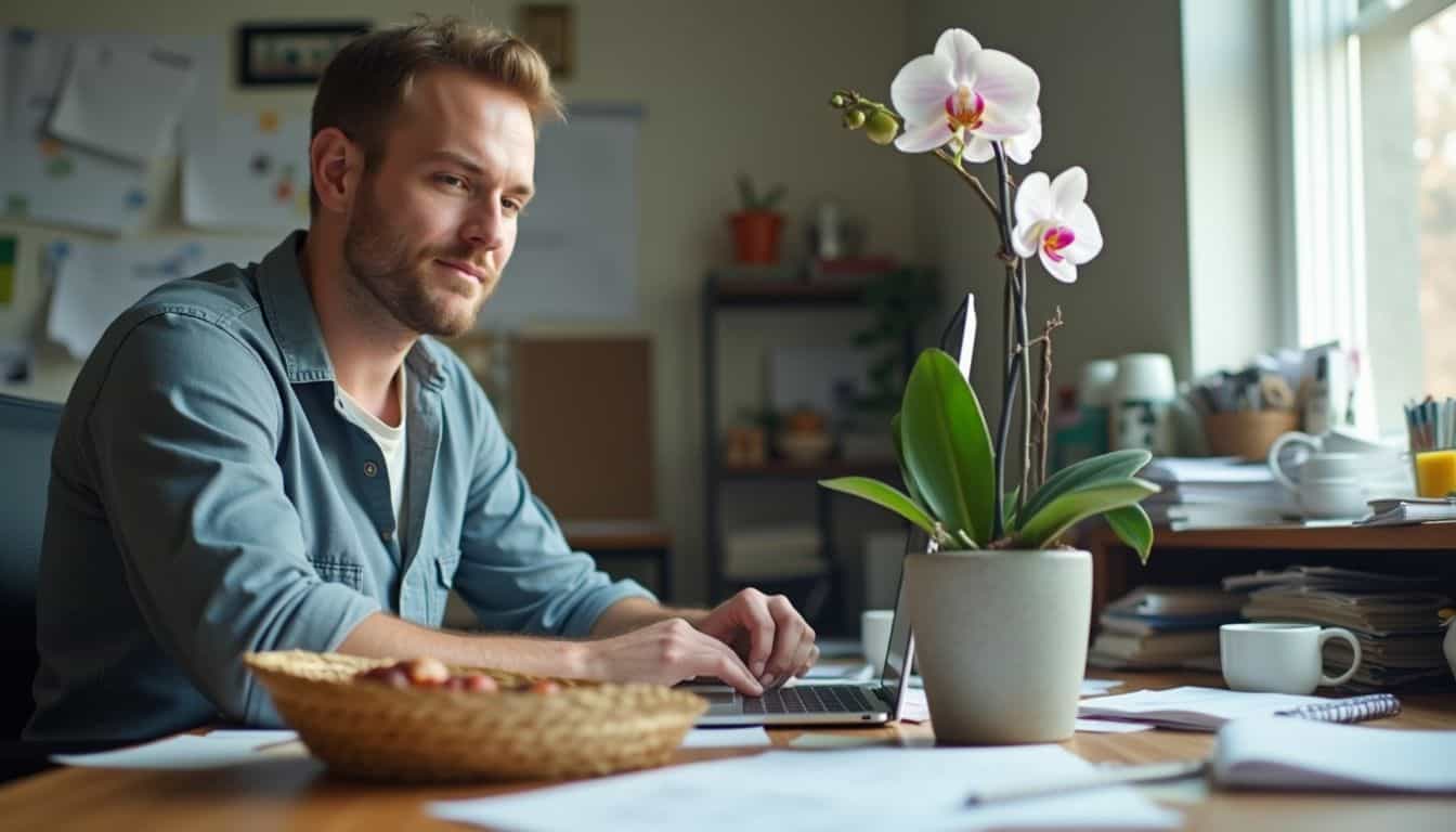 A man at a desk with a potted orchid and a half-open snack basket.