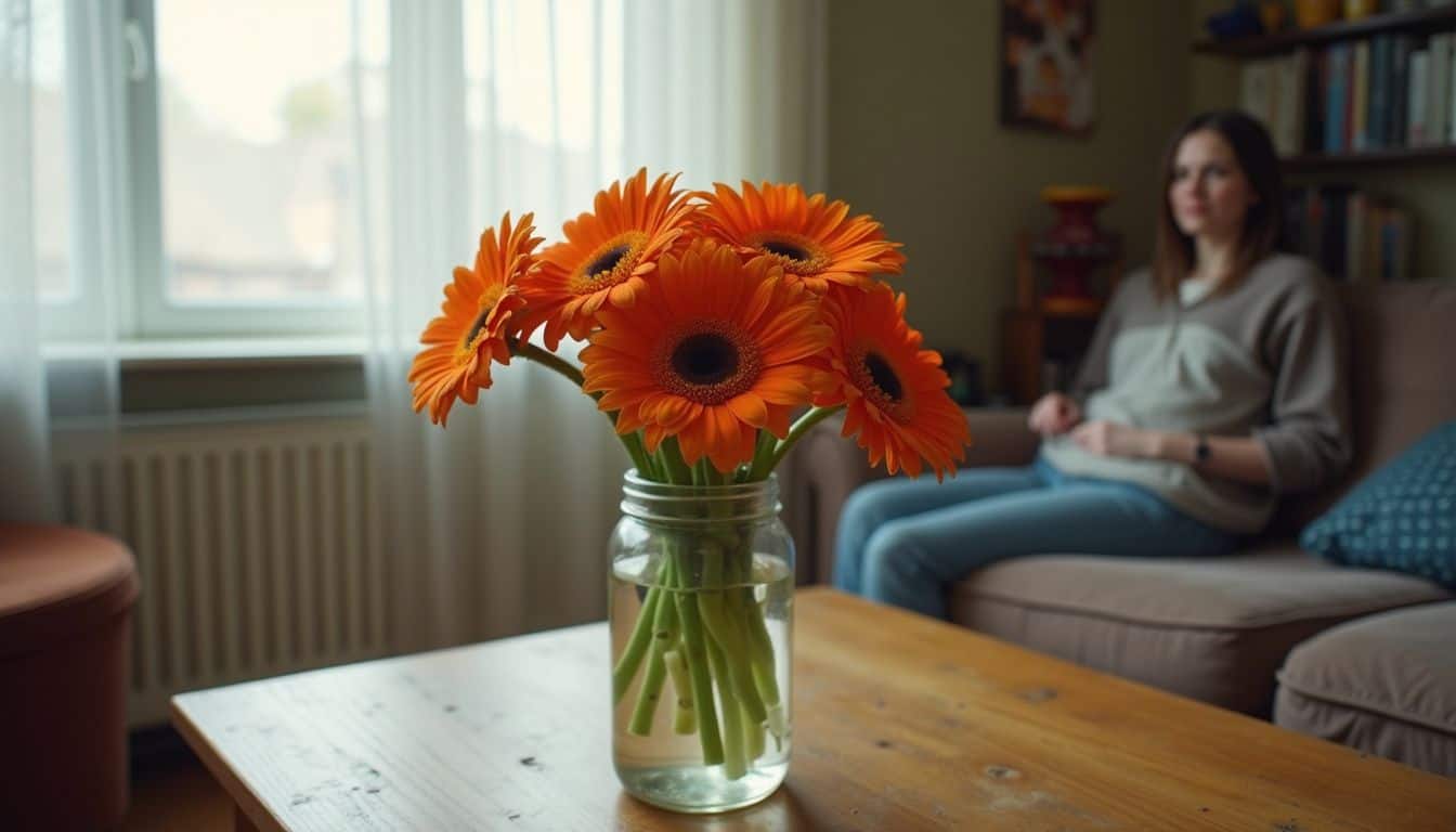 Colorful gerbera daisies in a simple glass jar on a rustic table.