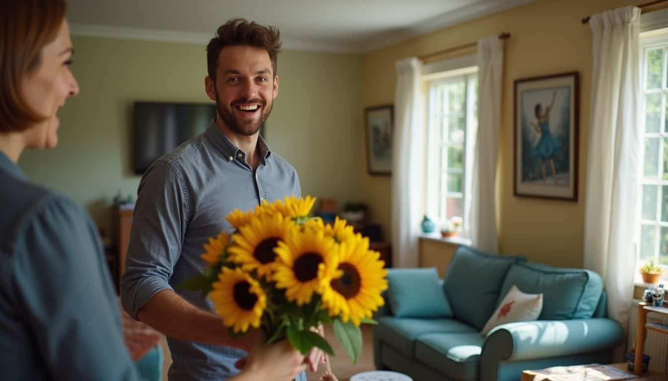 A man in his 30s smiling as he receives a bright sunflower bouquet at home.
