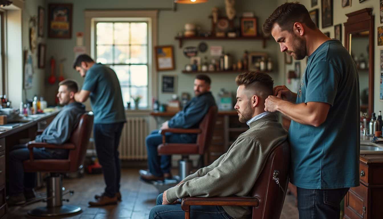Two barbers cut hair and chat with clients in a warm neighborhood shop.