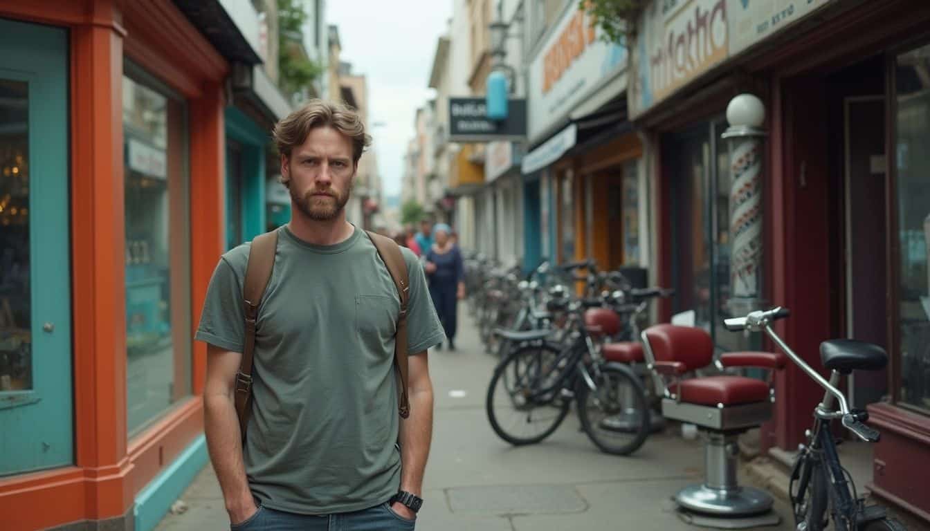 Person stands between a colorful salon and a classic barbershop, looking unsure.