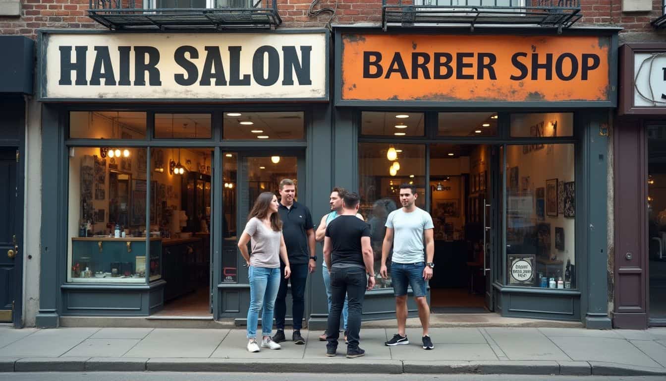 A modern salon and a classic barbershop stand side by side on a city block.