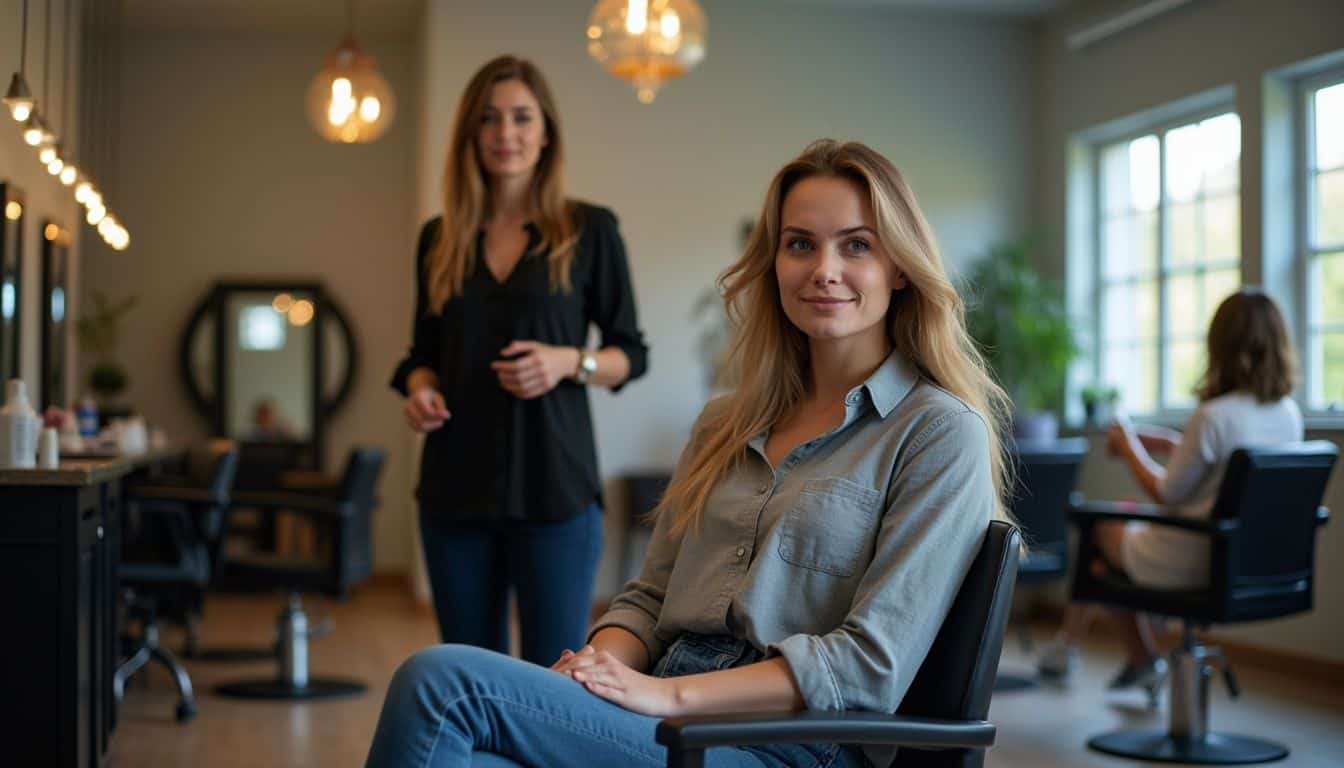 Client chats with a stylist in a sleek salon with soft lighting.