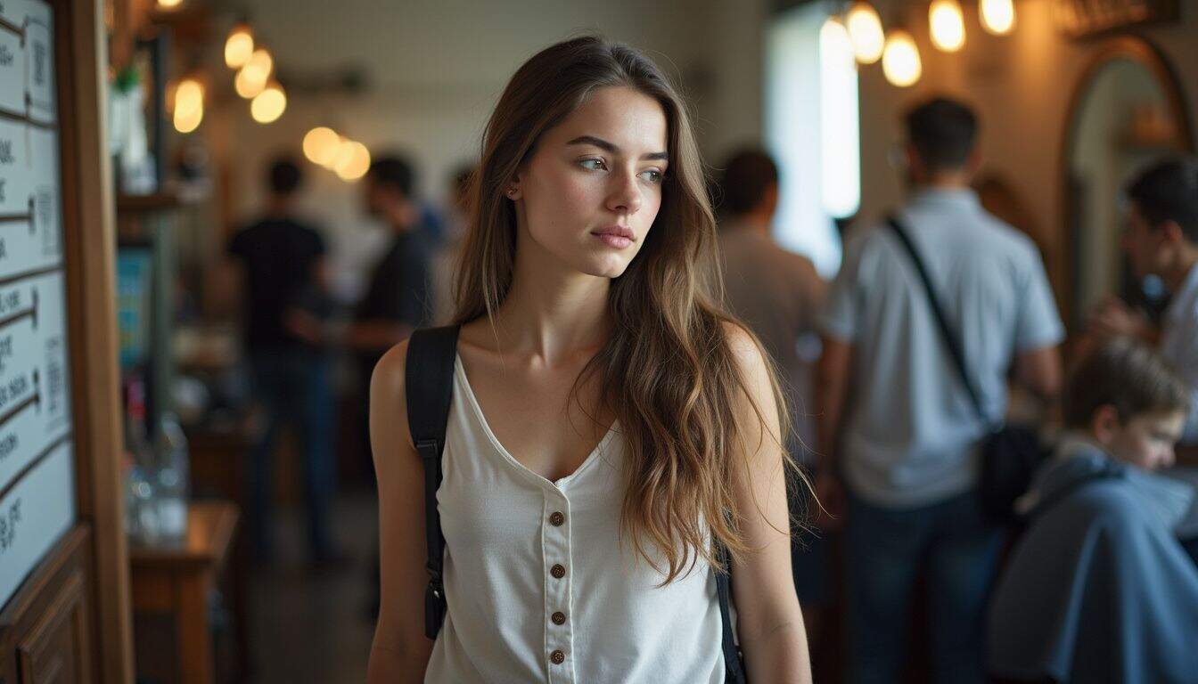 Young woman pauses at the entrance of a busy barbershop, eyeing the waitlist.
