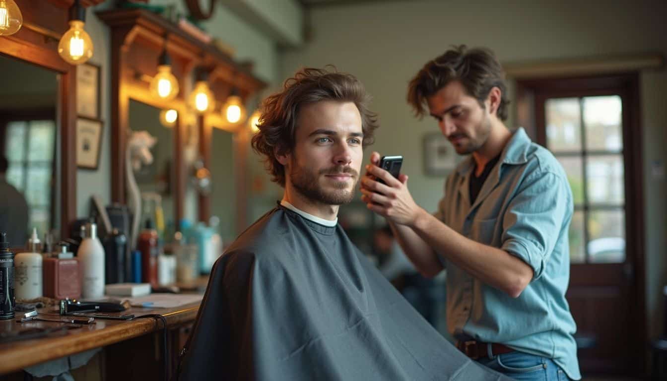 Client gets a relaxed cut in a tidy barbershop with everyday tools on display.