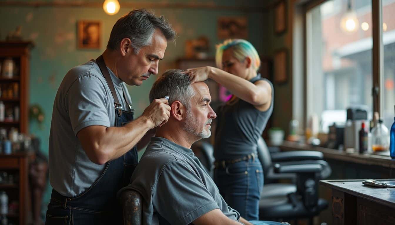 Customer enjoys a straight razor shave while another gets a haircut in a lively shop.