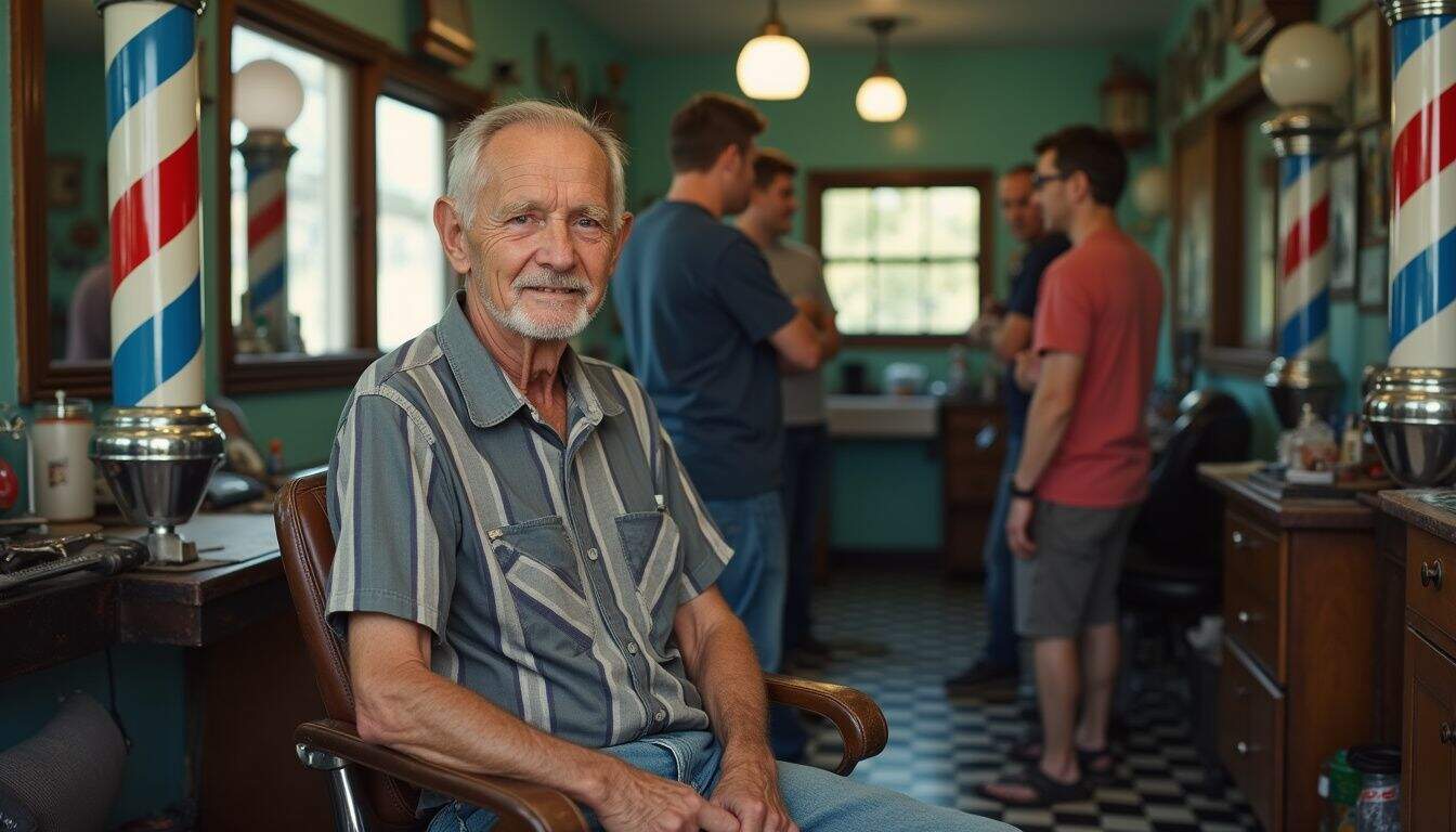 Man relaxes in an old-school barbershop with vintage chairs and friendly chatter.