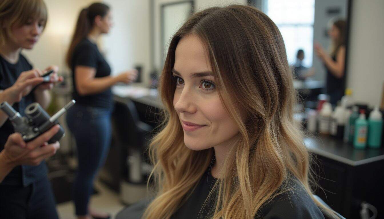 Client receives balayage in a bright salon while stylists work nearby.