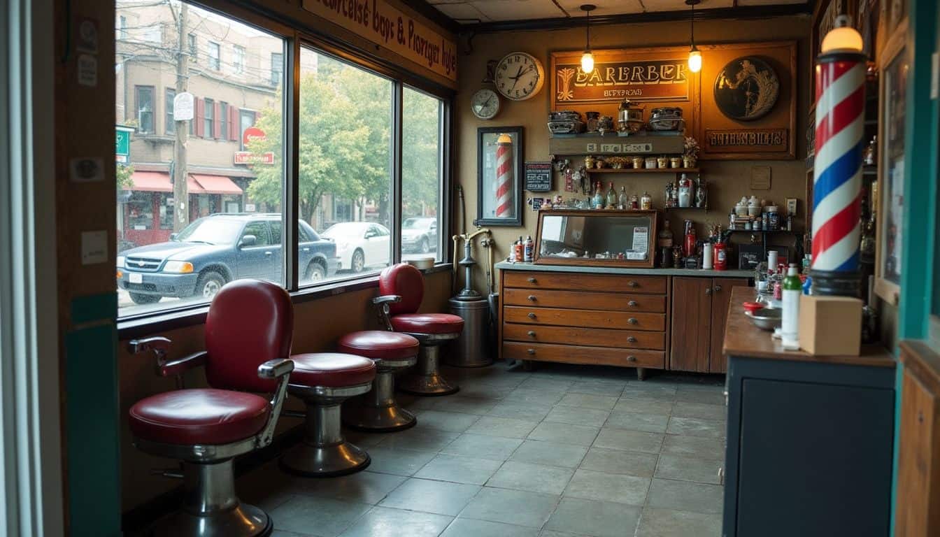 A nostalgic neighborhood barbershop with worn decor and friendly signs.