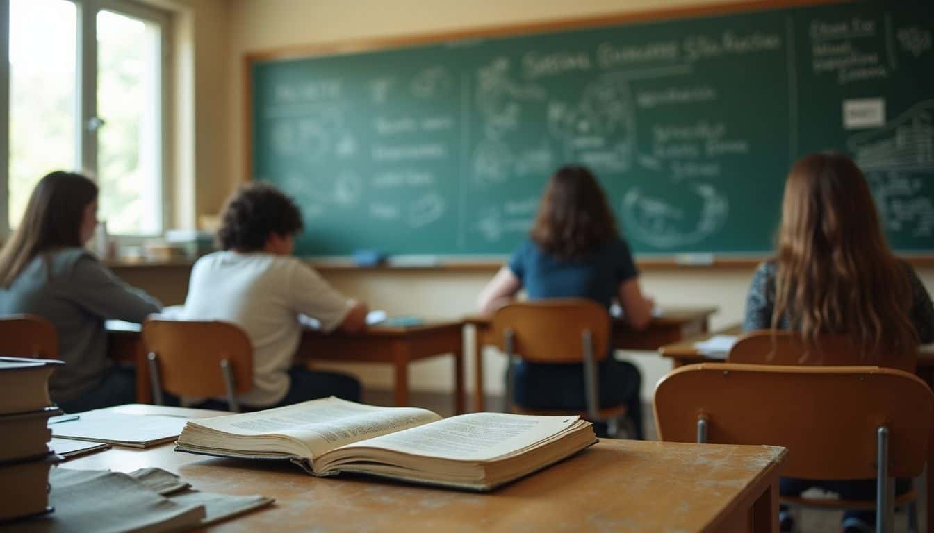 A casual classroom scene with textbooks about special education and notes on autism and teaching careers on the chalkboard. A casual classroom scene with textbooks about special education and notes on autism and teaching careers on the chalkboard.