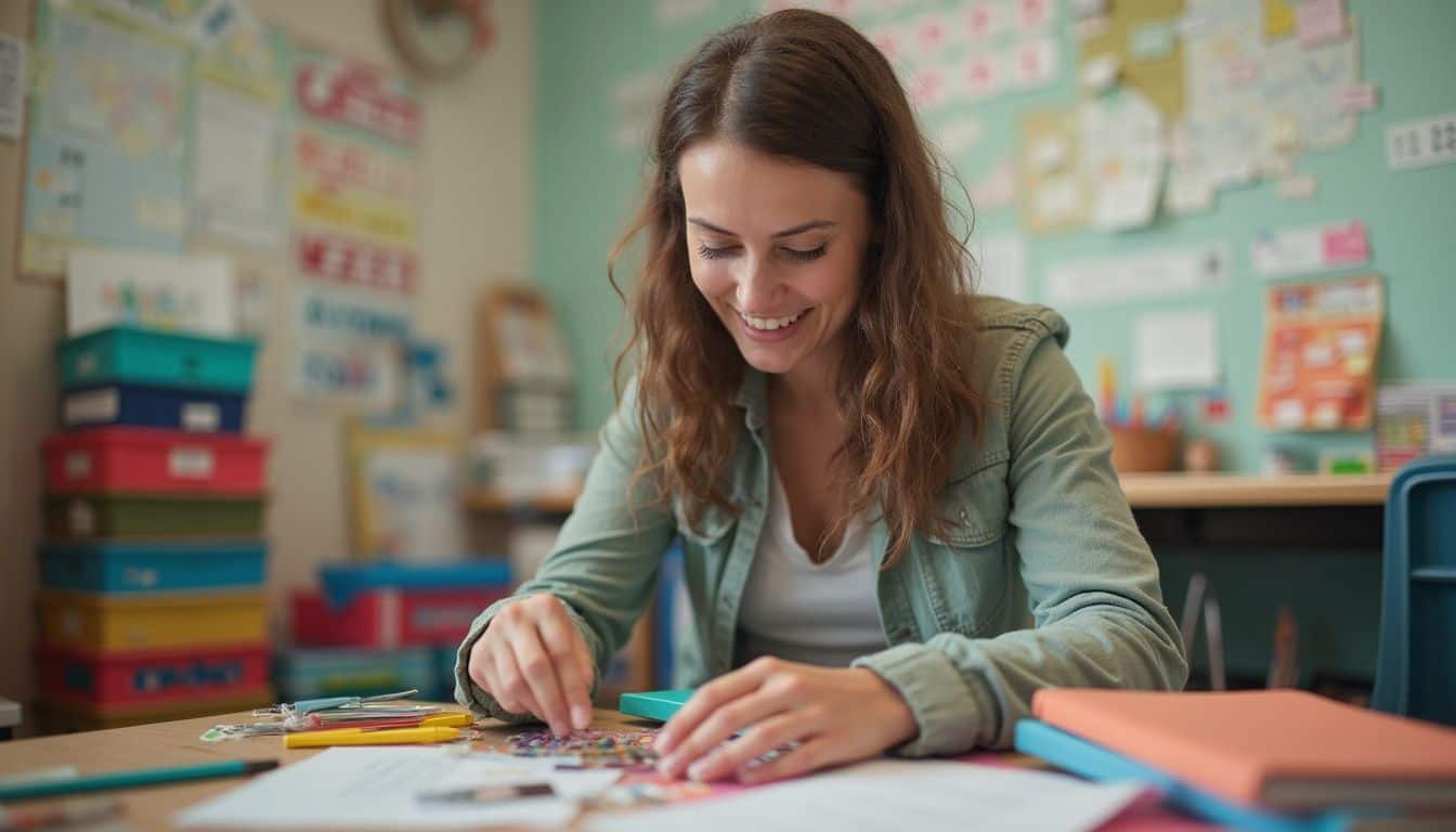 A woman casually organizes colorful school supplies in a bustling early childhood special education classroom. A woman casually organizes colorful school supplies in a bustling early childhood special education classroom.