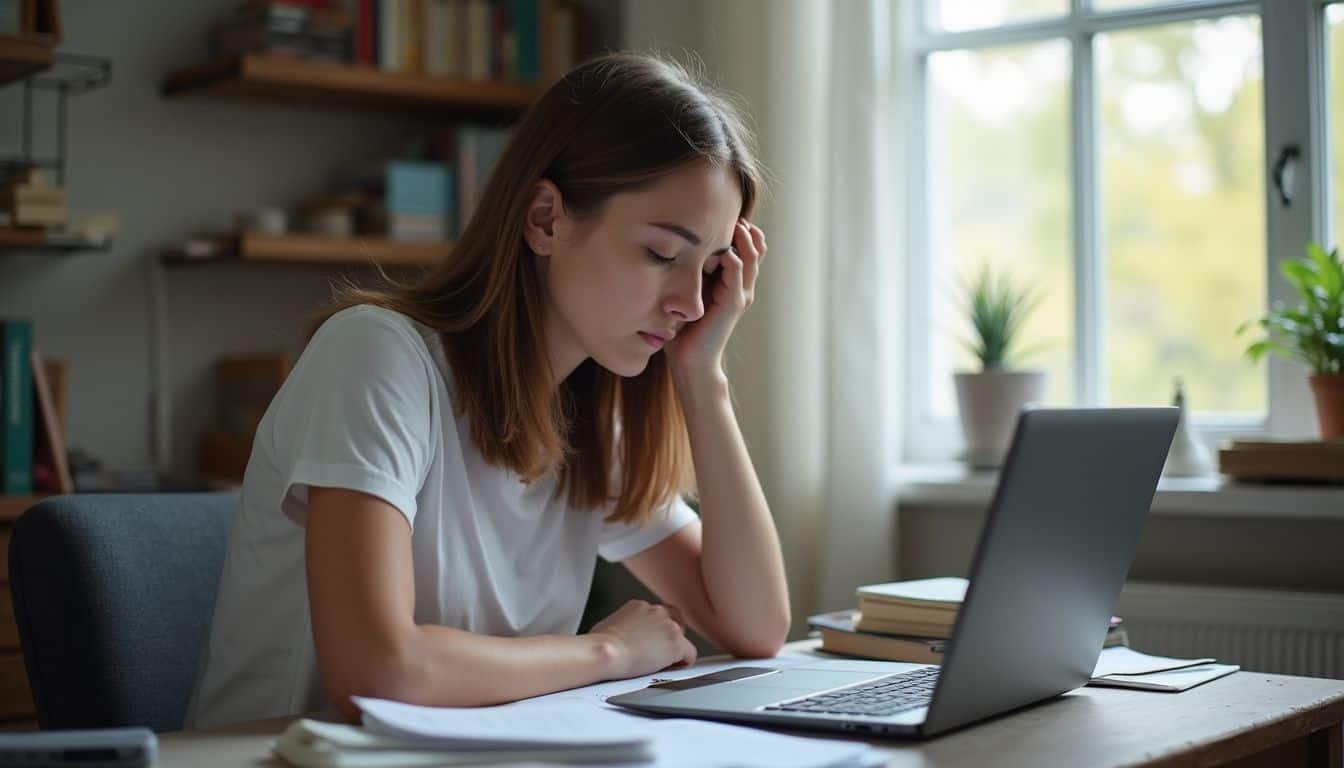 A young woman sits at a cluttered desk, focused on her laptop amidst scattered textbooks and notes. A young woman sits at a cluttered desk, focused on her laptop amidst scattered textbooks and notes.