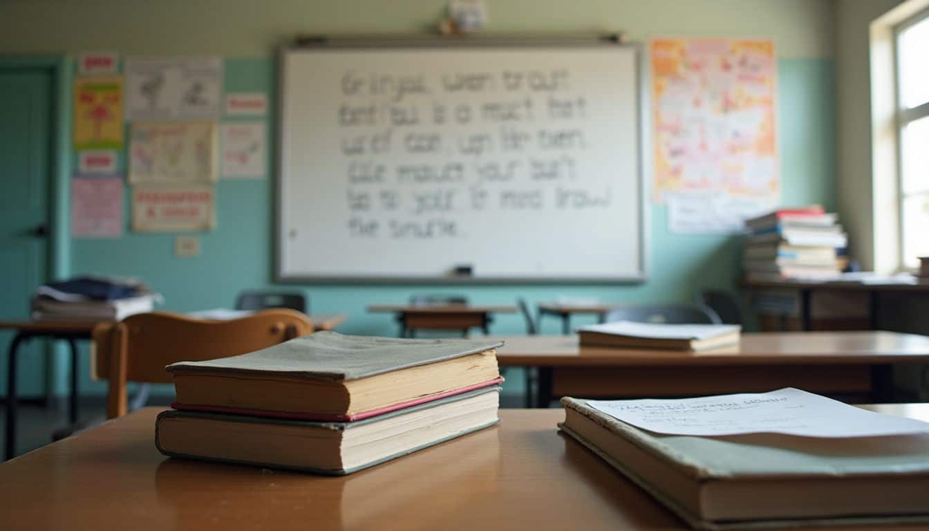 The image depicts a cluttered classroom used for teacher preparation, featuring a messy desk and filled whiteboard with notes. The image depicts a cluttered classroom used for teacher preparation, featuring a messy desk and filled whiteboard with notes.